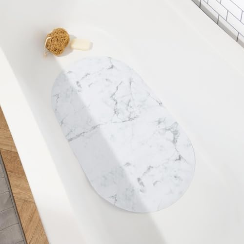 OHS Bath Mat Non Slip Anti Mold & Mildew with Strong Suction Cups Grip and Drain Holes Soft on Feet PVC Bathroom Mat Machine Washable Bathtub Shower Mats, Grey Marble - 69 x 39cm