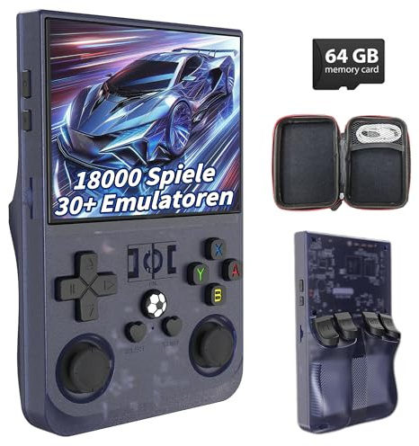 R36Pro Retro Spielkonsole 64GB, Tragbare Emulator Konsole mit 18000+ Videospielen 30+ Emulatoren, Linux System, 3,5 Zoll HD Bildschirm, WLAN Unterstützung, 7 Farbige Joysticks (Transparent Grau)