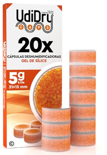 20 Capsule Essiccanti per Apparecchi Acustici UdiDry Caps 5g 31mm con Indicatore di Colore - Capsule Deumidificanti con Gel di Silice di Alta Qualità per Contenitori di Asciugatura