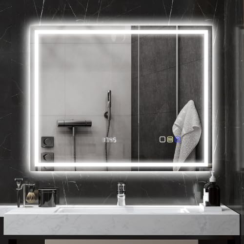 HOMCOM Badspiegel mit Beleuchtung 100x80 cm LED Spiegel Uhr Silber | Wandspiegel, Bluetooth-Musikfunktion, Memory-Funktion, 3 Lichtfarben, Beschlagfrei, Touchschalter