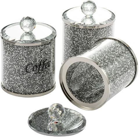 3PCS Diamond Tea Coffee Sugar Canisters Glass Storage Jars | Sparkle Kitchen Storage Set airtight crystal design keeps tea coffee sugar flour fresh for countertop dining office Silver