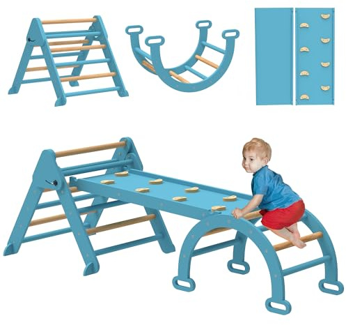 AIYAPLAY 7 en 1 Triángulo de Escalada Montessori con Arco y Rampa, Escalada para Niños de Madera Plegable, para 18-48 Meses, para Deslizarse o Escalar, 188x70 cm, Azul