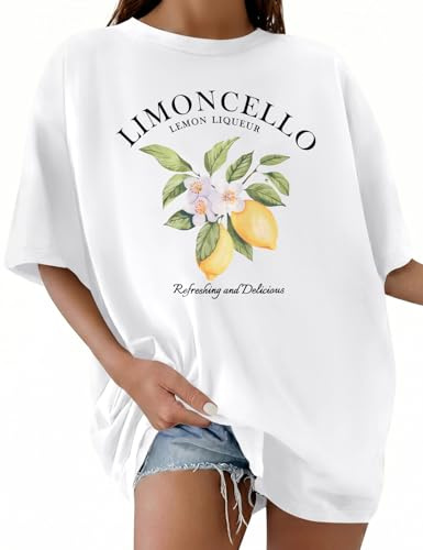 CMTOP Women’s Oversize T-Shirt Summer Tops Cotton Short Sleeve Round Neck T Shirts Lemon Graphic Tee Shirts Casual Baggy Tops Blouse (White, S)