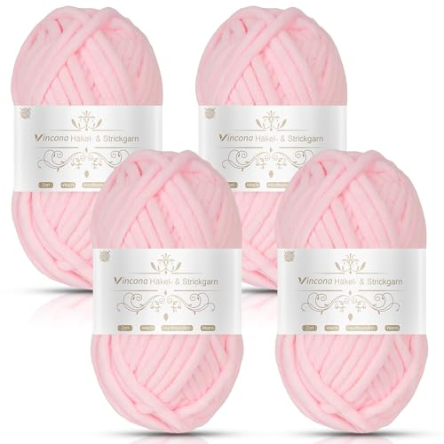 Vincona Lot de 4 pelotes de laine épaisse et épaisse pour tricoter à la main - 100 g - Velours doux et moelleux - Pour couvertures au crochet - Blanc poudre amigurumi