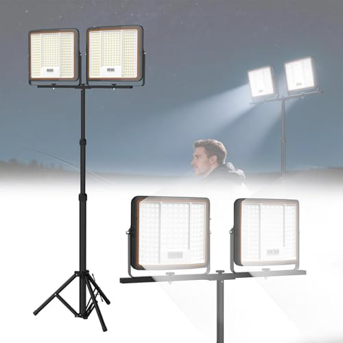 YRHome LED Akku Baustrahler 2x300W mit Einstellbarem Stativ, 24000 lm Arbeitsleuchte Baustellenlampe Arbeitsscheinwerfer, 2 Helligkeitsmodi + Timer, IP66 Wasserdicht Staubdicht für Außen Werkstatt