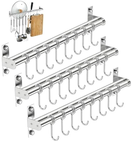 UOSIWYA 3 Pcs Kitchen Rail, 40cm Utensil Rack with 24 Hooks Wall Mounted Stainless Steel Hanging Rail Kitchen Organizer Utensil Holder for Lid Spoons Knives Pot Pan (Double Bar Silver)