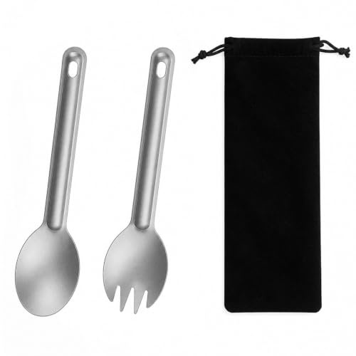 3 Pcs Pure Titanium Spork Spoons Set, Portable Long Handle Ultra Light Rust-Proof Cutlery with Flannel Storage Bag, Reusable Flatware Utensils for Camping Hiking Backpacking Office Home