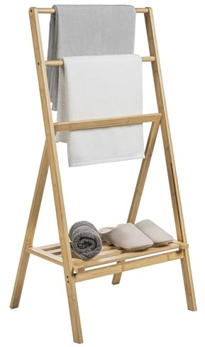 MyGift 3 Tier Free Standing Towel Rack for Bathroom, Pool Outdoor, Foldable Blanket Ladder with Storage Shelf, 43 H Bath Towel Holder Organizer Drying Rack, Light Brown Solid Bamboo Quilt Rack