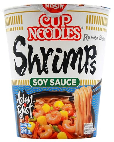 Nissin Cup Noodles – Soy Sauce Shrimps, 8er Pack, Soup Style Instant-Nudeln japanischer Art, mit Schrimp-Geschmack, Soja Sauce & Gemüse, schnell im Becher zubereitet, asiatisches Essen (8 x 63 g)