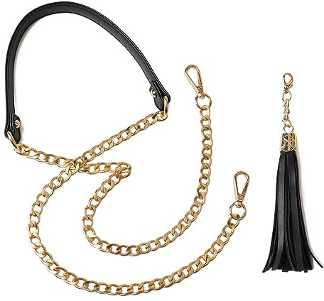 BEAULEGAN Sangle en cuir et chaîne – Remplacement pour sac à main/sac en bandoulière, réglable, 130 cm de long et 2 cm de large (Doré et Argenté)
