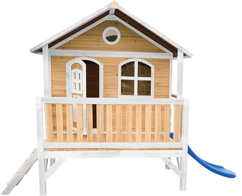 AXI Spielhaus Stef mit Blauer Rutsche | Stelzenhaus in Braun & Weiß aus FSC Holz für Kinder | Spielturm für den Garten
