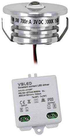 VBLED® 1er Set Mini Einbaustrahler Spot 3W 700mA 160lm warmweiß mit Netzteil