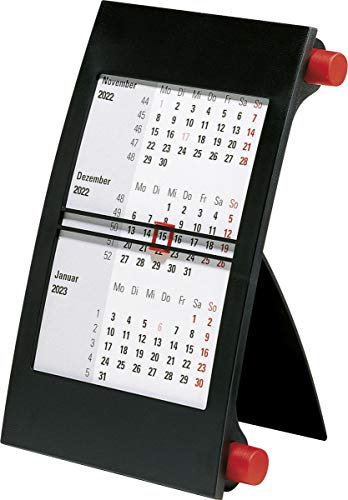 rido/idé 7038000202 Drei-Monats-Tischkalender, 1 Seite = 3 Monate, 110 x 183 mm, Kunststoff-Rahmen mit roten Drehknöpfen, Kalendarium 2022 und 2022