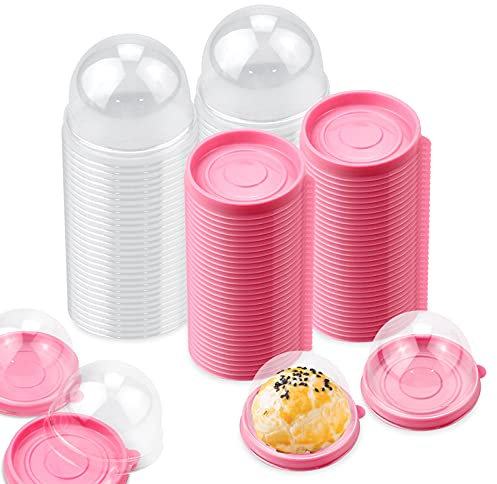 PRALB 100 Set 2.75x2.75x2 inch Mini Cupcake Boxes Clear Plastic Muffin Pod Dome Muffin Single Container Box Wedding Birthday Gifts Supplies for Cheese Pastry Dessert Mooncake (round, pink)