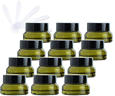 ZEOABSY 12 Stück Leere Schräg Grün Glas Cremedose 15ml mit Schraubdeckel, Grünglas Schraubdose Glas-Tiegel Glas-Dose Salbentiegel Kosmetik-Dose für Gels Cremes + 12x Spatel