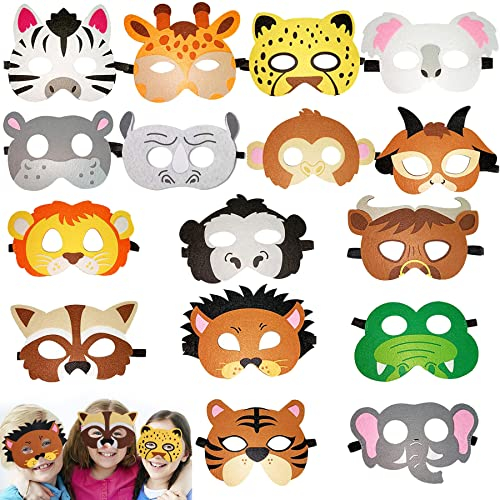 Sunshine smile 16 Stück Tiermasken Für Kinder,Kindermasken Tiere,Tiermasken Zum Ausmalen,Masken Geburtstag Deko,Masken Kinder Geburtstag,Maske Tier,Dschungel Party Deko,Maske Filz Tiere (Zoo)