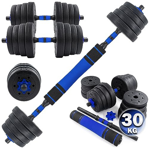 C.P. Sports 2in1 Kurzhantel & Langhantel Set 30kg / 40kg | Hantelscheiben – Gewichte – Hantelstangen | verstellbare Hanteln – Hantelset für Krafttraining, Fitness, Home Gym (blau-schwarz)