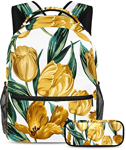 VAPOKF Yellow Tulip Flower Pattern Hand Paint School Bag Set for Teen Girls Boys Kids, Student Bookbag Backpack Rucksack with Pencil Case for Primary Secondary Junior