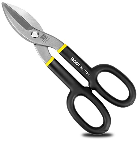 B BOSI TOOLS 10 Inch Straight Pattern Tin Snips Metal Cutters, High Strength Forged and Heat Treated Carbon Steel with Comfortable Black Rubber Handle