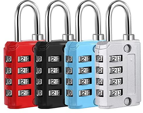 4 Piezas Candado de seguridad de Combinacion de 4 Digitos, Código para Taquilla de Gimnasio, Maleta deViaje, Equipaje (Plata, Negro, Azul, Rojo)