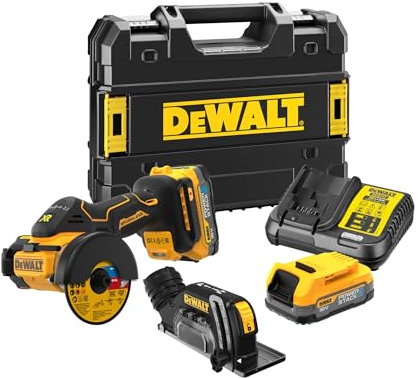 DEWALT DCS438E2T-QW - Cortadora multimaterial 18V Powerstack, Ø de disco 76mm, Motor sin escobillas, M10, Incl. cubierta protectora, 3x discos de corte, 2x baterías Powerstack de 1,7 Ah, Cargador