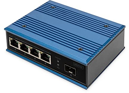 DIGITUS Switch di Rete Poe - 5 Porte Fast Ethernet - 4X RJ45 + 1x Porta SFP - Non gestito - 10/100 Mbps - Montaggio su Guida DIN e a Parete - IP40 - Serie Industriale - Blu