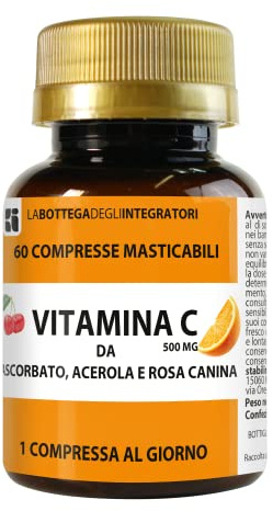 Vitamina C da Ascorbato Acerola e Rosa Canina 60 Compresse Masticabili 1 al dì | Meno Acida | Assorbimento più rapido | Senza Glutine e Lattosio | 500 mg LA BOTTEGA DEGLI INTEGRATORI