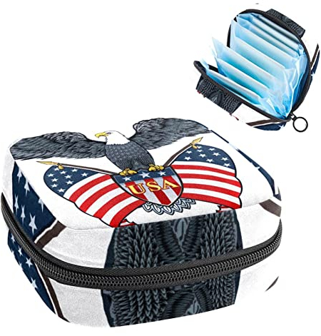 Perioden-Tasche, tragbare Tampon-Aufbewahrungstasche für Damenbinden, Amerikanischer Adler mit USA-Flaggen, Mehrfarbig, 4.7x6.6x6.6 in/12x17x17 cm