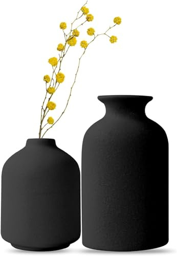 Keramiska vaser, set om 2 små svarta keramikvaser, dekoration, blomvaser | Rustik bondgård heminredning keramikvas, dekorativ för pampasgräs och torkade blommor