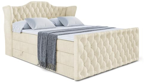 ALTDECOR Boxspringbett mit Matratze und Lattenrost, Topper, Fußteil,Polsterbett mit Bettkasten, Bett mit Stauraum H3- und H4- Matratze, Doppelbett - Vila-Z King - 120x200 - Beige Monolith