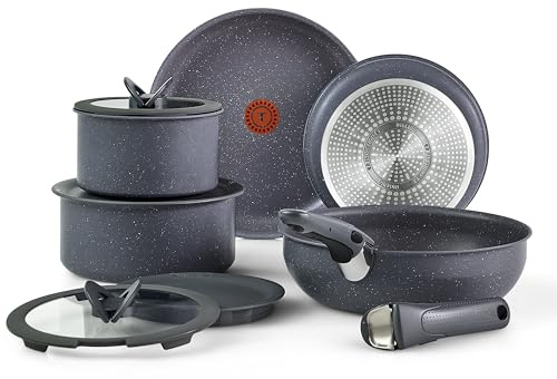 T-fal Ingenio Essentials Kochgeschirr-Set mit abnehmbarem/abnehmbarem Griff, 11-teilig, Granit-Titan, antihaftbeschichtet, Induktion, ofenfest, 500 F, stapelbar, Töpfe und Pfannen, Set, Wohnmobil,