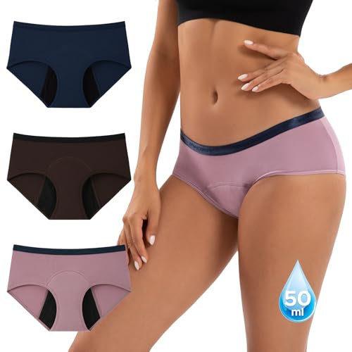 INNERSY Menstruation Unterwäsche Starke Blutung Mikrofaser Periodenunterwäsche Auslaufsicher 3 Pack (L, Rosalila/Marineblau/Braun)
