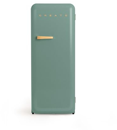 CREATE / RETRO FRIDGE 150 WOOD/Réfrigérateur vert sauge avec poignée en bois et congélateur 281L / 102W, faible consommation, 150 cm, 3 étagères, régulateur de température, 60x60x150 cm