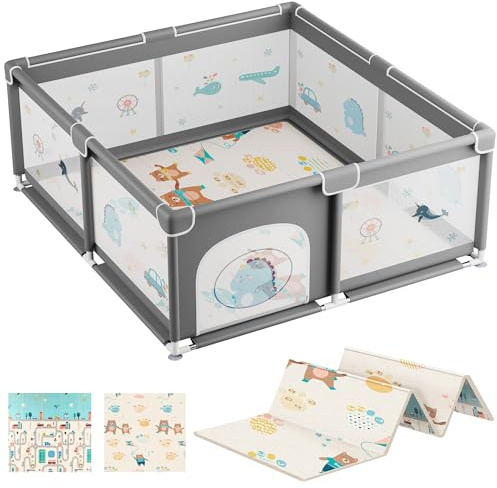 JUPPLIES Parque Infantil Bebe 120x120cm + Alfombra Bebe – Corralito Bebe con Malla Transpirable – Parque de Juegos Bebe Plegable con Puerta Lateral – Playpen Bebe - Gris