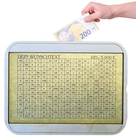 Spardose aus Holz mit Wunschtext und Tabelle, Sparziel: von 500 € bis 10.000 € Sparschwein aus Holz mit zähler Wiederverwendbare Geldkassette Holzspardose mit Sparziel zum Ankreuzen