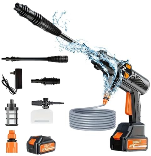 Hidrolimpiadora Bateria, 21V Máx 100Bar Hidrolimpiadora Portátil, Press & Clean Pistola Lavado, Manguera de 5M, Boquilla Ajustable 2 en 1, Jarra de Espuma, de para Coche (con 1 batería de 6000 mAh)
