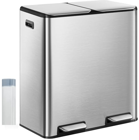 Hzuaneri Kitchen Bin, (2 x 30L) 60L Recycling Bins, Pedal Bin with Lid, Stainless Steel Kitchen Bins Recycling and Waste, Silent Slow-Down Closing Lid, With 15 Exclusive Trash Bags, Silver SW06099E