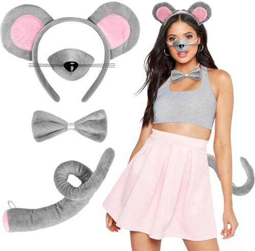 iZoeL Women's Mouse Costume Accessories Set - Mouse Ears Headband, Bow Tie, Tail, Nose & Tutu Skirt - Adult Theatrical Prop & Fancy Dress Kit for Theme Parties