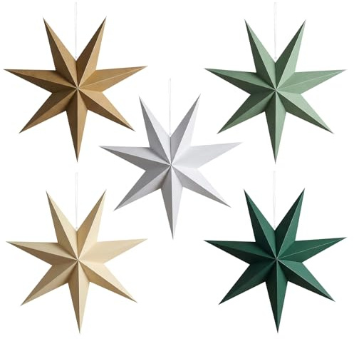 Lewondr Farolillos De Papel Estrella Navideños 5PCS, Colgante Pantalla De Lámpara Estrella De 7 Puntas Decoración, Faroles Papel Para Ventana Con 5 Colores Para Navidad Boda Fiesta Vacaciones 17,72