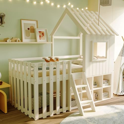 EINHOM Kinderbett 90x200 cm, Etagenbett mit Stauraum, Hausbett mit Geländer und Treppe & Offene Aufbewahrungsbox, Kiefernholz + Sperrholz + MDF, Ohne Matratze (Weiß)