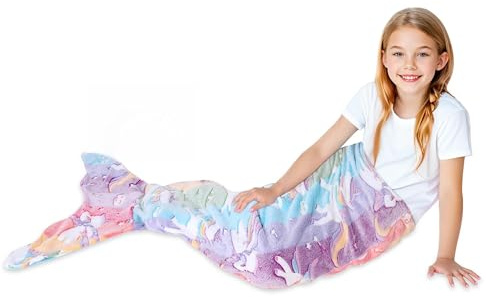 Dtiaagto Kinder Meerjungfrau Decke Glow In The Dark Decke Einhorn und Meerjungfrau Decke Geschenke für Mädchen Flanell Fleece Decke mit Regenbogen 140 x 50 cm