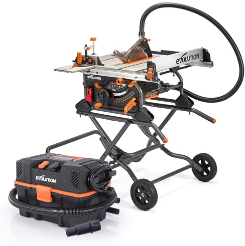 Evolution Power Tools Table Saw R255TBLX+ 230v Portable Jobsite with Wheeled Stand and R15VAC Wet & Dry Vacuum, Multi-Material Cutting Blade, Saw, 45˚ Bevel, +/- 60˚ Mitre Angle, 85mm Cut Depth, 1700w