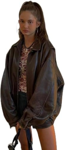 ELITE APPARELS Women's Retro 90s Leather Jackets Oversized Pure Leather Real Leather Motorcycle Biker Coat Moto Varsity Bomber Cardigan Jackets Fall Outwear Streetwear Brown (L/XL)