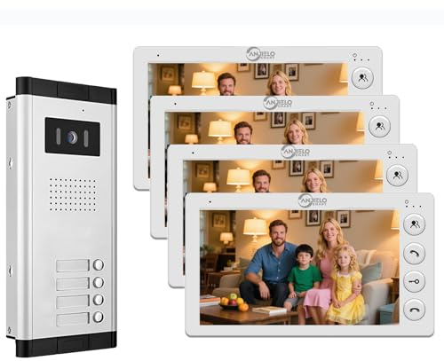 ANJIELO SMART 4-Wired Video Apartment Intercom System,2/3/4/5/6/8/10/12 Units 7 inch Monitor Video Door Phone Kit,Indoor Outdoor Video Doorbell,2 Way Audio,ID Card Unlock for Home (For 4 family)