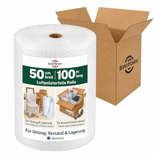 Luftpolsterfolie Rolle 50cmx100m Bubble Wrap packaging verpackungsmaterial | Umzug, Verpackung, Versand, noppenfolie extrem robust, geruchlos verpackungsfolie zum Verpacken von Möbeln, Glas & Paketen
