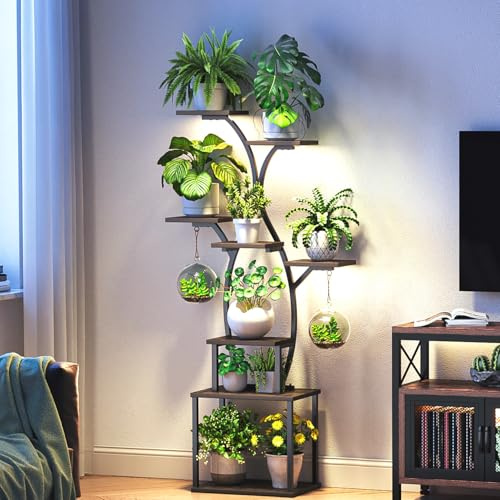 ShineMuse Support Plantes 150cm – 8 étagères, LED croissance, métal noir | Support plantes 150cm | 8 étagères | LED croissance + minuterie | Métal noir + bois | Int & ext | Salon, balcon