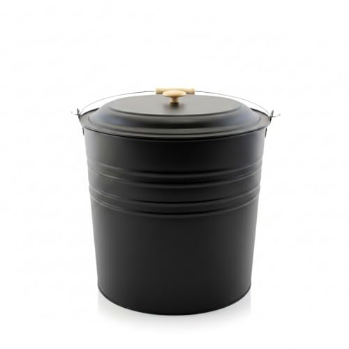 Metal Ash Bucket with Lid and Wooden Handle – 12L Black Iron Fireplace Ash Container for Coal, Logs, Fire Pit & Wood Burning Stove, Heat-Resistant, Durable & Practical