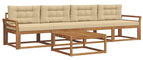 Mhdvray Set di divani da esterni in legno di acacia, 5 pezzi, modulare, con cuscini, set di mobili lounge per giardino, terrazza e piscina, naturale e beige