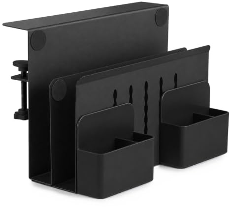 BREEZENEST Desk Side Storage Organizer with Magnetic Pen Holder 2-Tier Under Desk Laptop Mount No Drilling Heavy Duty Hanging Cable Management Tray for Office Home Computer Table Black