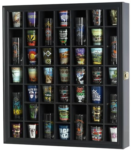 41 Shot Glass Display Case Holder Bar Collection Cabinet Wall Rack Shadow Box with Door Black